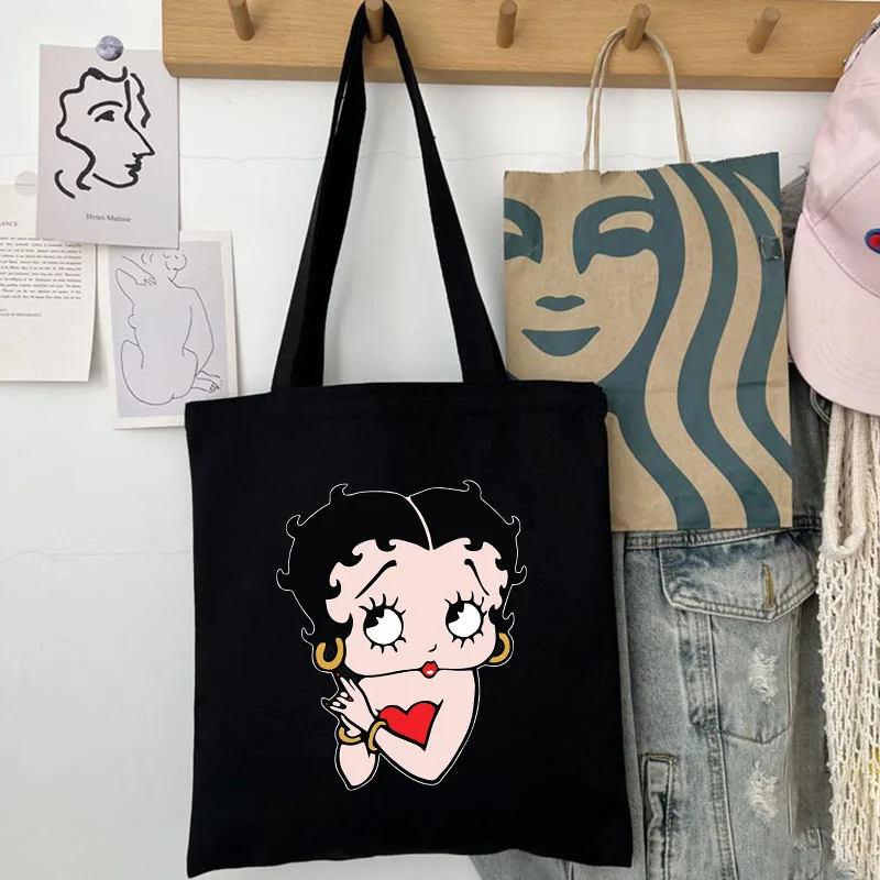 Cute Cartoon Girl Boops Oop Sexy Cherries Women Canvas Shoulder Tote Bag Handbag Eco Shopper Cotton Shopping Bag