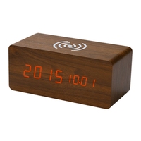 Wooden Electric Alarm Clock with Wireless Charging Pad LED Digital Charger for Bedroom Digital Home Decoration