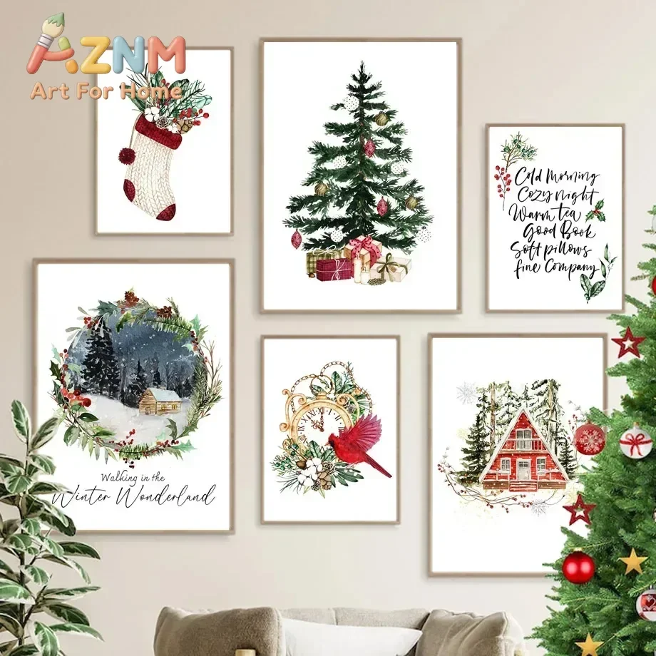 AZNM Watercolor Christmas Tree Wreath Canvas Print Unframed Winter Cabin Cardinal Stocking Poster Cozy Holiday Home Wall Decor