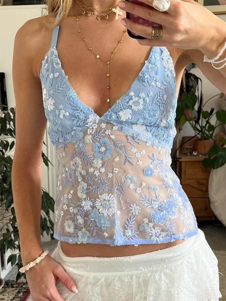 

Elegant Floral Embroidered Sequin Halter Top Women's Trendy Sleeveless V-neck Lace Up Crop Blouse 2026 New Summer Casual Wear