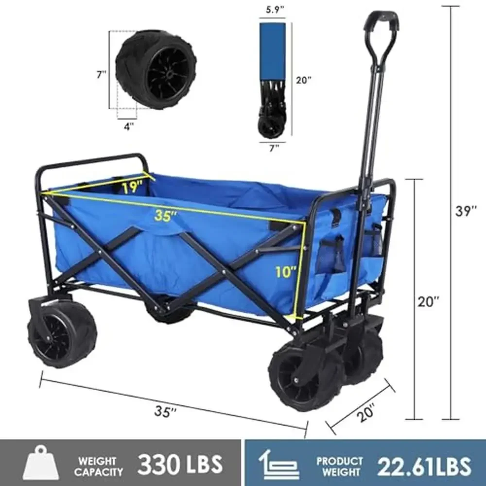 Heavy Duty Collapsible Wagon 330lbs Capacity Beach Cart All-Terrain Wheels 7'' Drink Cup Holders Retractable Handle Steel Frame