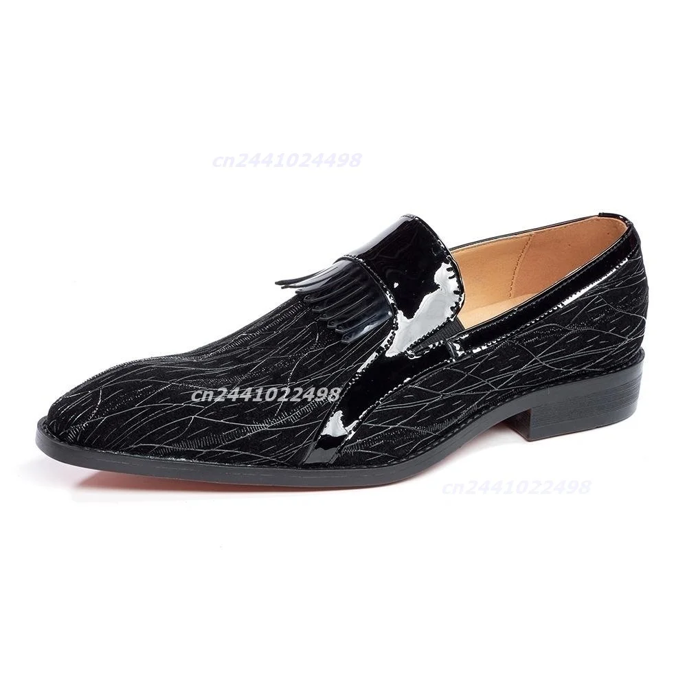 Male Tassel Loafer Shoe Glossy Patchwork Panel Thread Etched Surface, Slip on Construction Pointed Toe Neat Edge Stitching Shoes