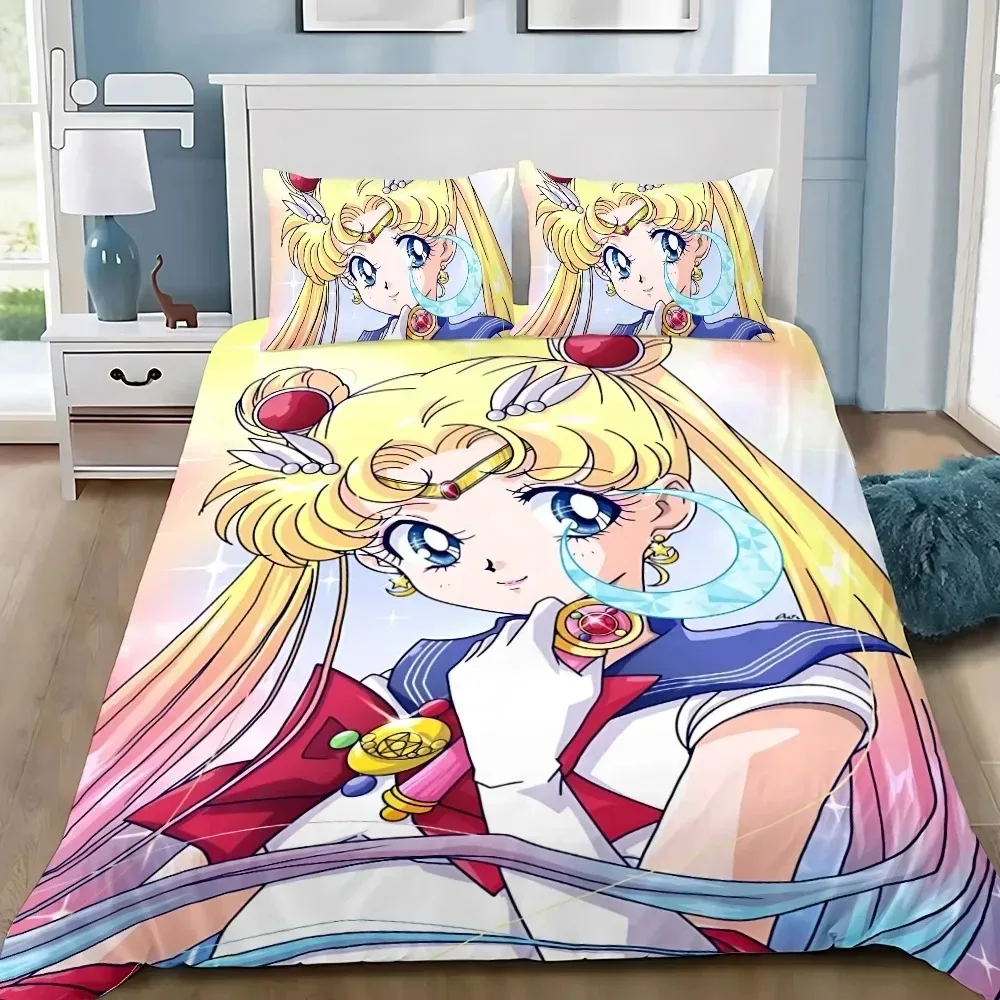 Juego de ropa de cama de anime Sailor Moon, funda de edredón 100% microfibra, adecuada para niños y adultos, juego de 2/3 piezas, funda de edredón de anime