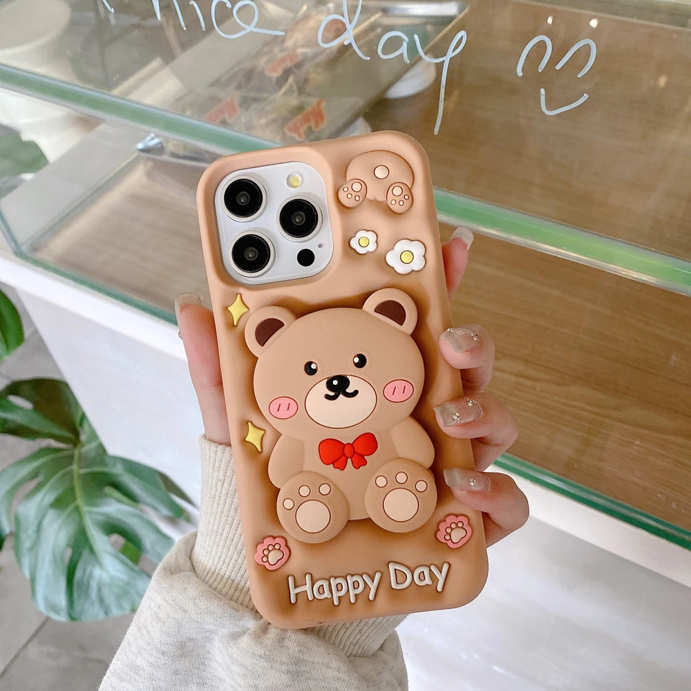 Cartoon 3D Teddy Bear Phone Case For iphone 12 13 14 15 Pro Max Anime Cute Telescopic Bracket Bumper Soft Silicone Back Cover