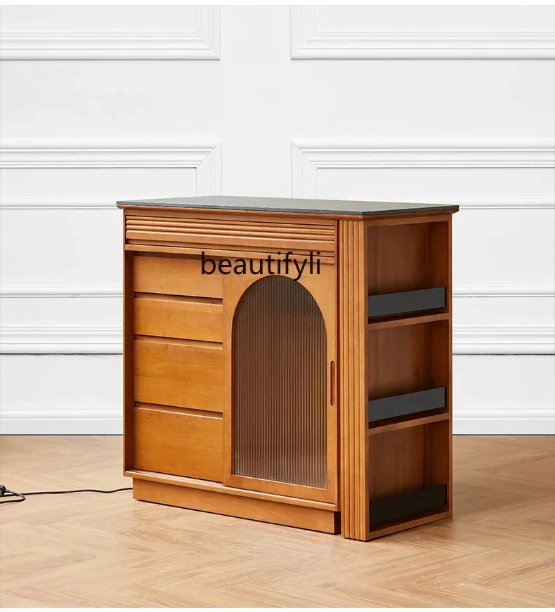 Q181 T Retro bar, solid wood rock slab retractable table, living room console, locker view 2