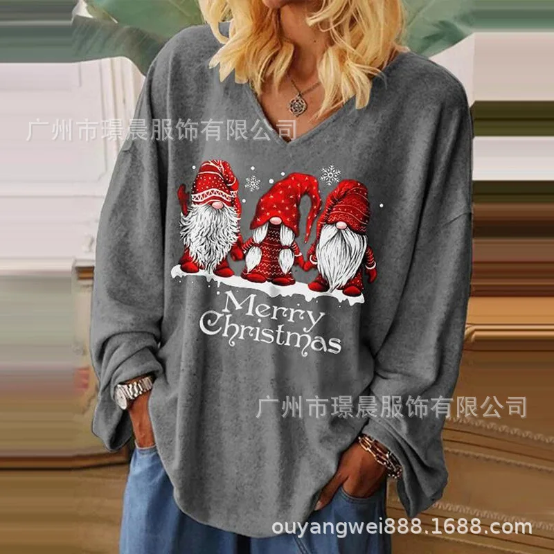 

Свободный топ, повседневная футболка с длинными рукавами и v-образным вырезом с принтом, осень-зима 2022, новая одежда, модная уличная женская одежда