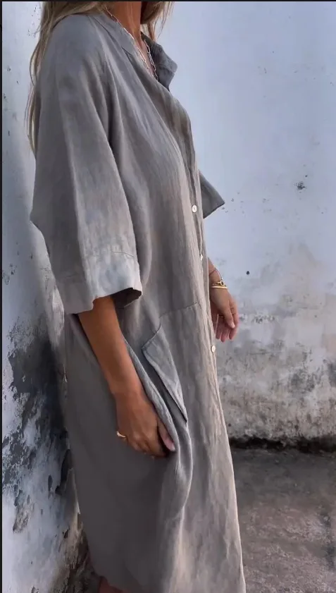 2025, neues europäisches und amerikanisches Frühlings- und Sommer-loses, lässiges, mittelärmeliges Hemdkleid aus Baumwolle und Leinen für Damen