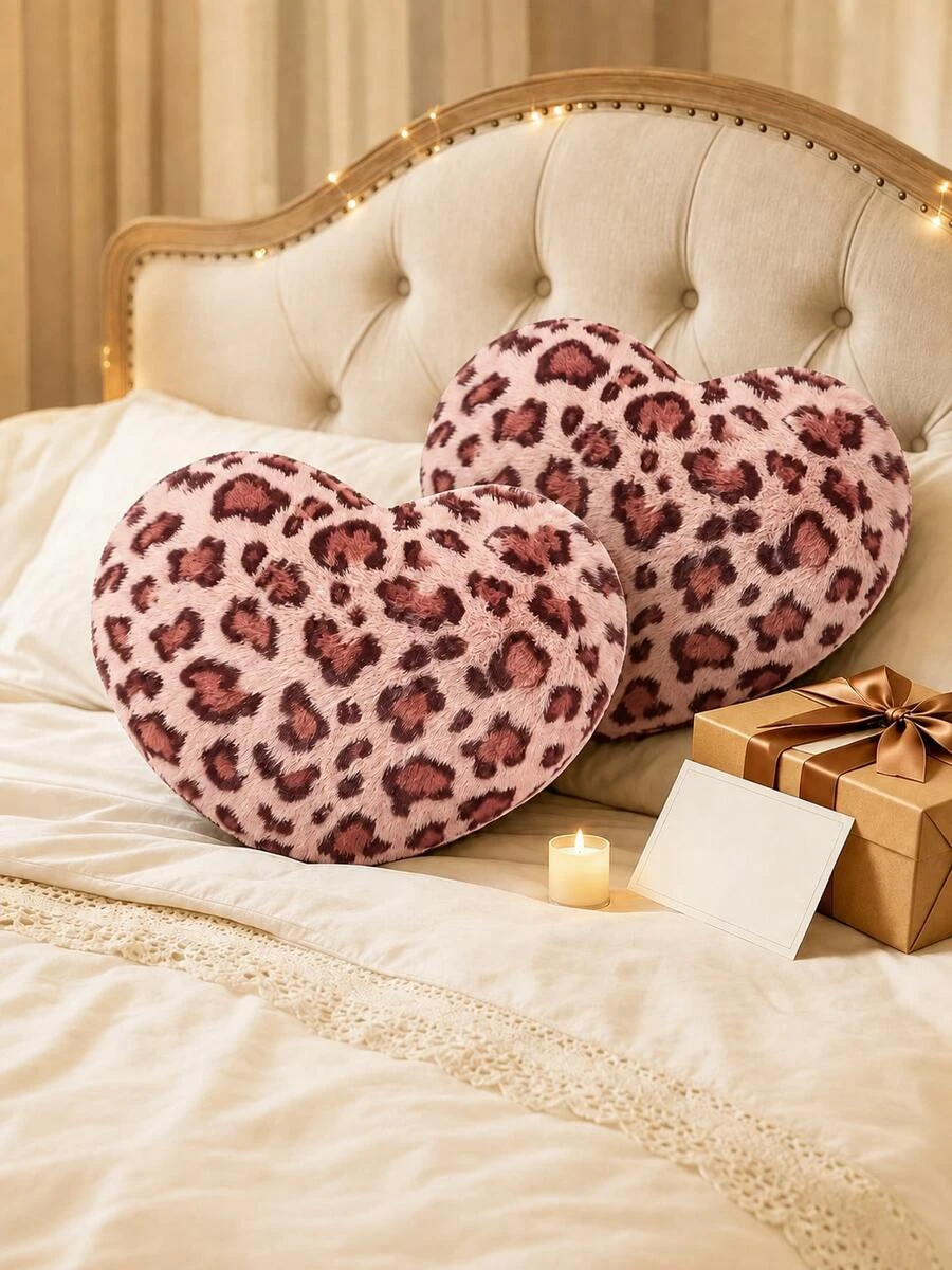 1pc Leopard Print Heart-Shaped Plush Throw Pillow, Soft Fuzzy Filled Decorative Cushion For Sofa Living Room Bedroom Home Decor Aesthetic Pillow SH260720162539335416357