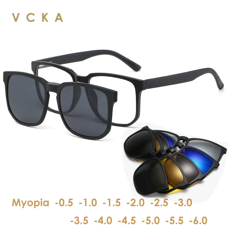 VCKA Retro 5+1 Polarized Myopia Clip Sunglasses Eyeglasses Frame  Men Women Five Magnet Set Mirror 0 -1 -1.5 -2 -2.5 -3 -3.5 -4.