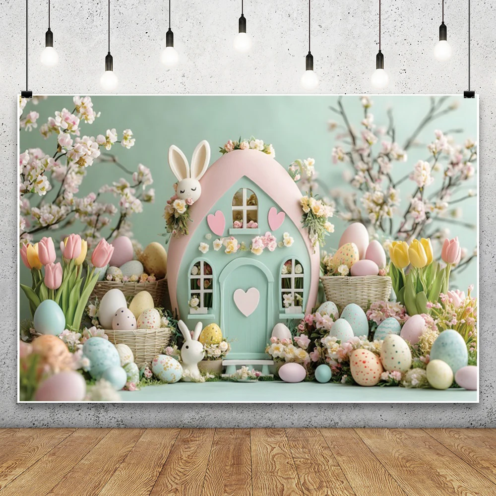 Easter Day Cartoon Cabin Background Spring Easter Rabbit Colorful Eggs Baby Shower Kids Birthday Party Photography Backdrops