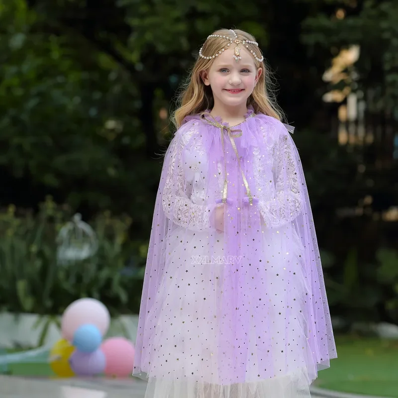 Summer Girl Princess Party Accessories Cloak Snow White Colourful Costume Cape Rapunzel Aurora Sequins Tulle Halloween Mantle