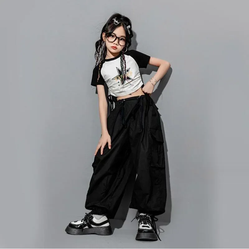 Kinder Straße Kpop Outfits Hip Hop Kleidung Schwarz Crop Tops T-shirt Casual Tasche Cargo Hosen für Mädchen Jazz Dance Kostüm Kleidung
