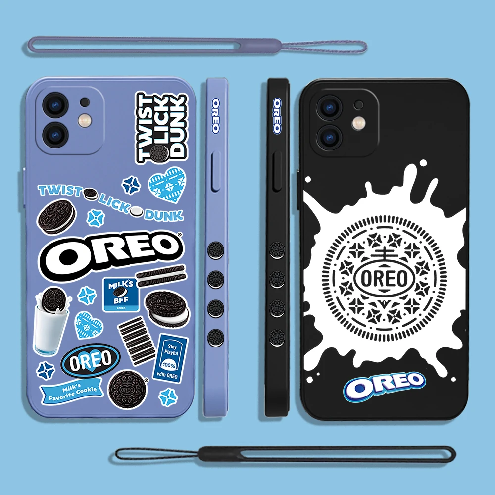 O-Oreo Milk Cookies Phone Case For iPhone 15 14 13 12 11 Pro Max Mini X XR XS SE20 8 7 Plus 6 6S Silicone Cases with Hand Strap