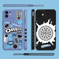 O-Oreo Milk Cookies Phone Case For iPhone 15 14 13 12 11 Pro Max Mini X XR XS SE20 8 7 Plus 6 6S Silicone Cases with Hand Strap