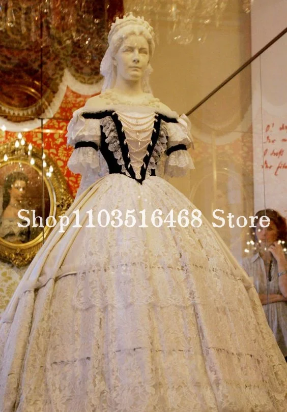 Puffy Victorian Evening Dress Renaissance Black White Lace Pleated Short Sleeve Custom Medieval Women's Masquerade فساتين طويلة