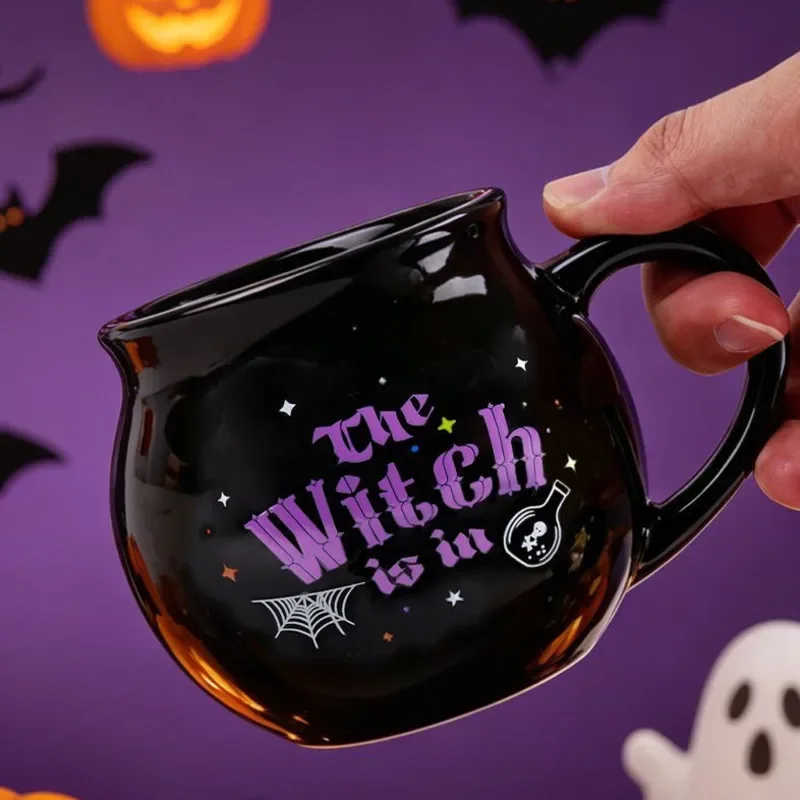 Color Changing Ceramic Witch Mug Cauldron Coffee Tea Cup Gothic Halloween Drinkware With Silver Branch Spoon Birthday Gift Women