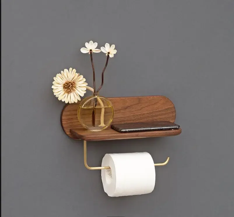 Solid Wood Brass Tissue Holder Paper Roll Holders Toilet Paper Holder Wall Hanging Napkin Holders Paper Towel Stand Wall Shelf