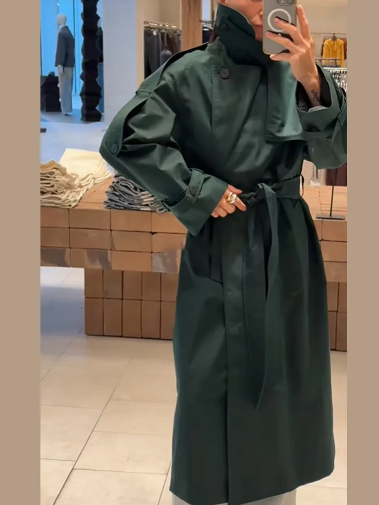 Women Green Long Trench Coat Fashion Full Sleeve Lace Up High Collar Oversized Jacket 2025 Autumn Winter Lady Street Windbreaker