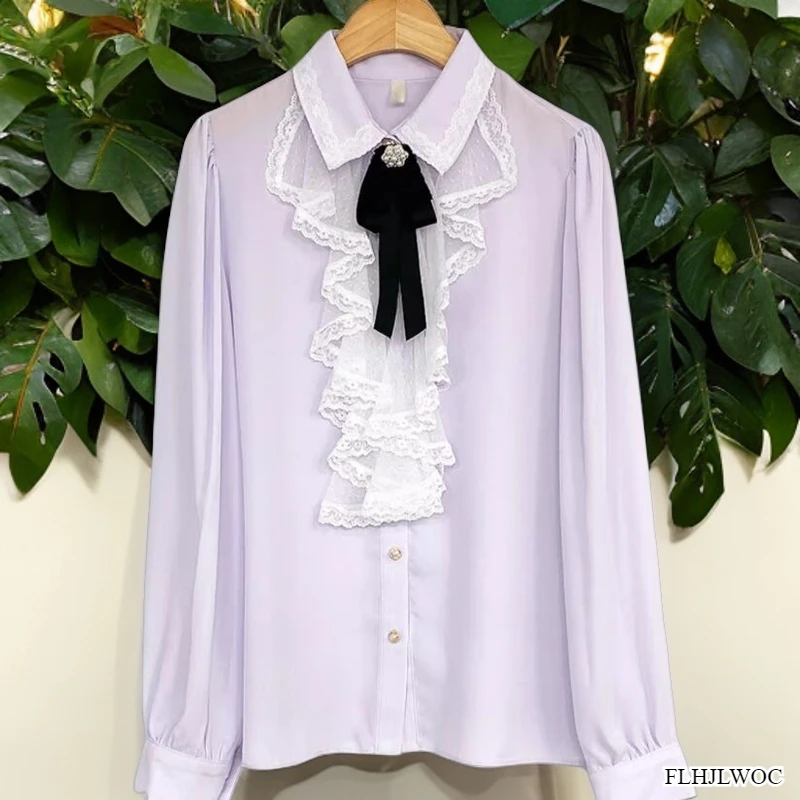 Purple Tops Blouses New 2024 Autumn Spring Women Long Sleeve Beaded Ribbon Chic Korea Japan Girls Cute Ruffles White Lace Shirts