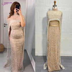 Luxury Pearls Dubai Champagne Evening Dresses with Cape 2023 New Arabic Women Mermaid Wedding Party Prom Dress
