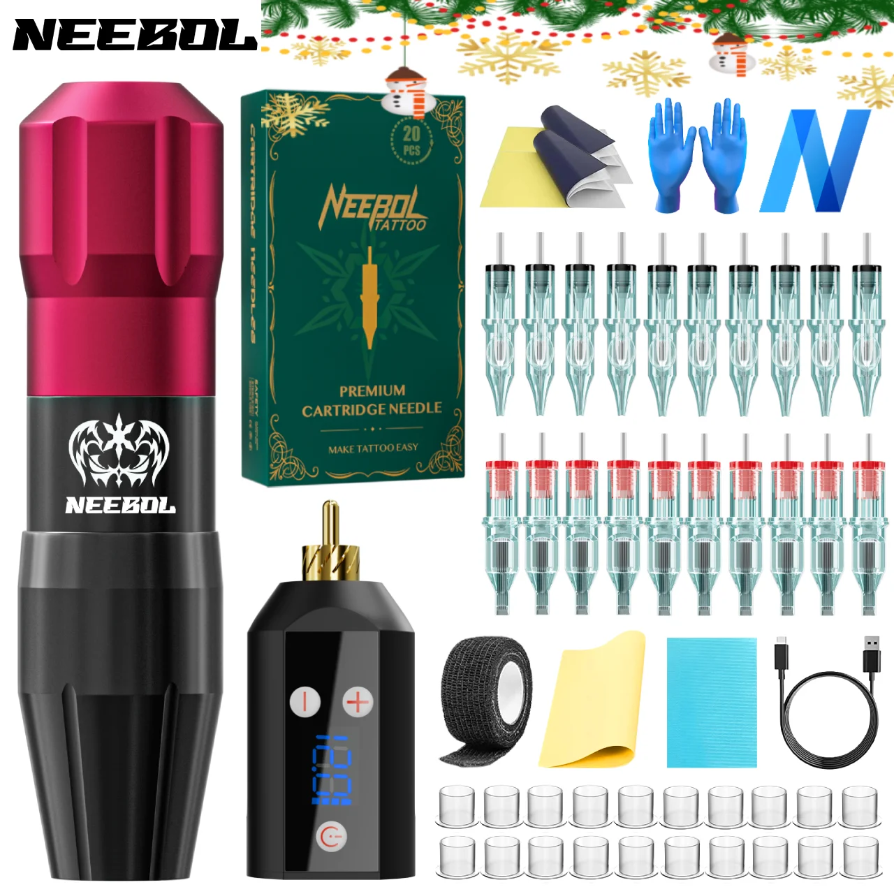 Tattoo Kit Neebol Tattoo Pen Kit For Permanent Makeup Tattoo Machine, with Power Supply Cartridge Needles, Christmas Tattoo Gift