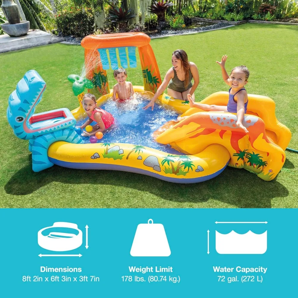 Intex Inflatable Dinosaur Play Center Outdoor Playhouse Inflatable Water Park with Kid Pool Slide, Water Sprayer, Waterfall,