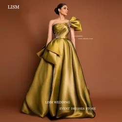 LISM Shiny Satin Evening Party Dress With Bow Dubai Arabic Women Strapless Pleat A-Line Formal Prom Gowns