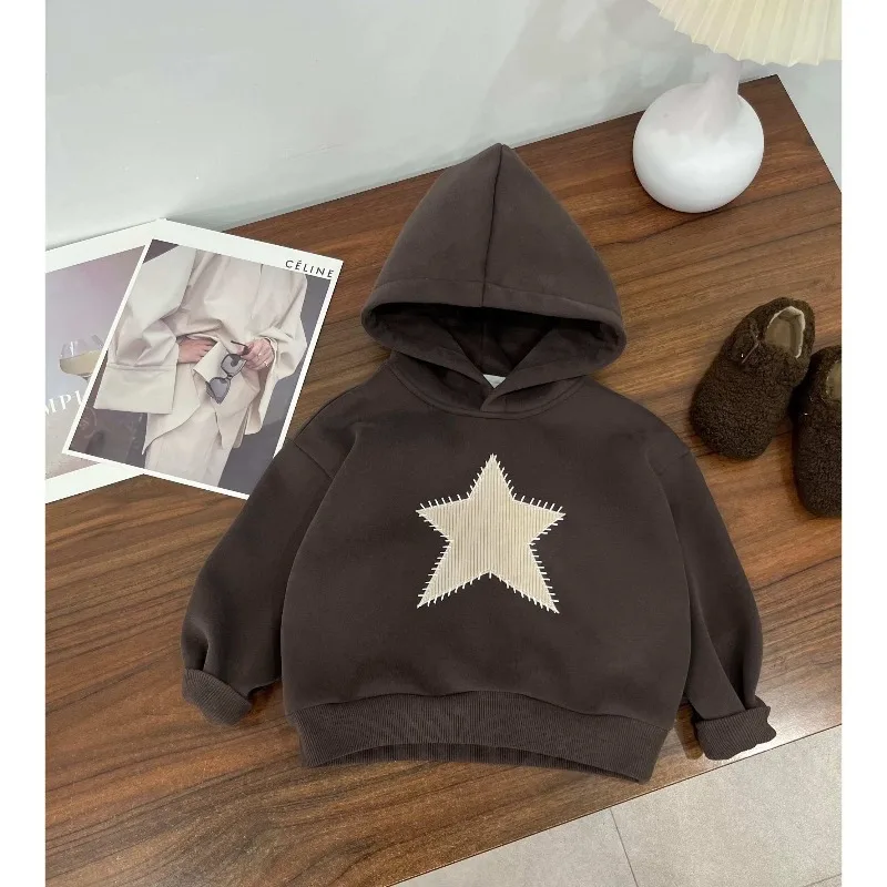 Big Five Pointed Star Star Children's Hooded Sweatshirt Set with Plush New Boys and Girls Korean Two-piece Set