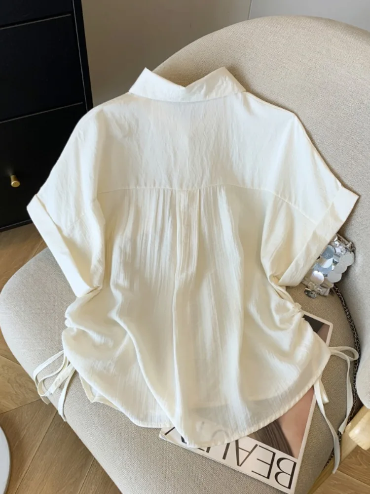 

Summer Short Sleeve Shirt Women's Korean Style Drawstring Waist Design Casual College Style Small Size Fashion Top