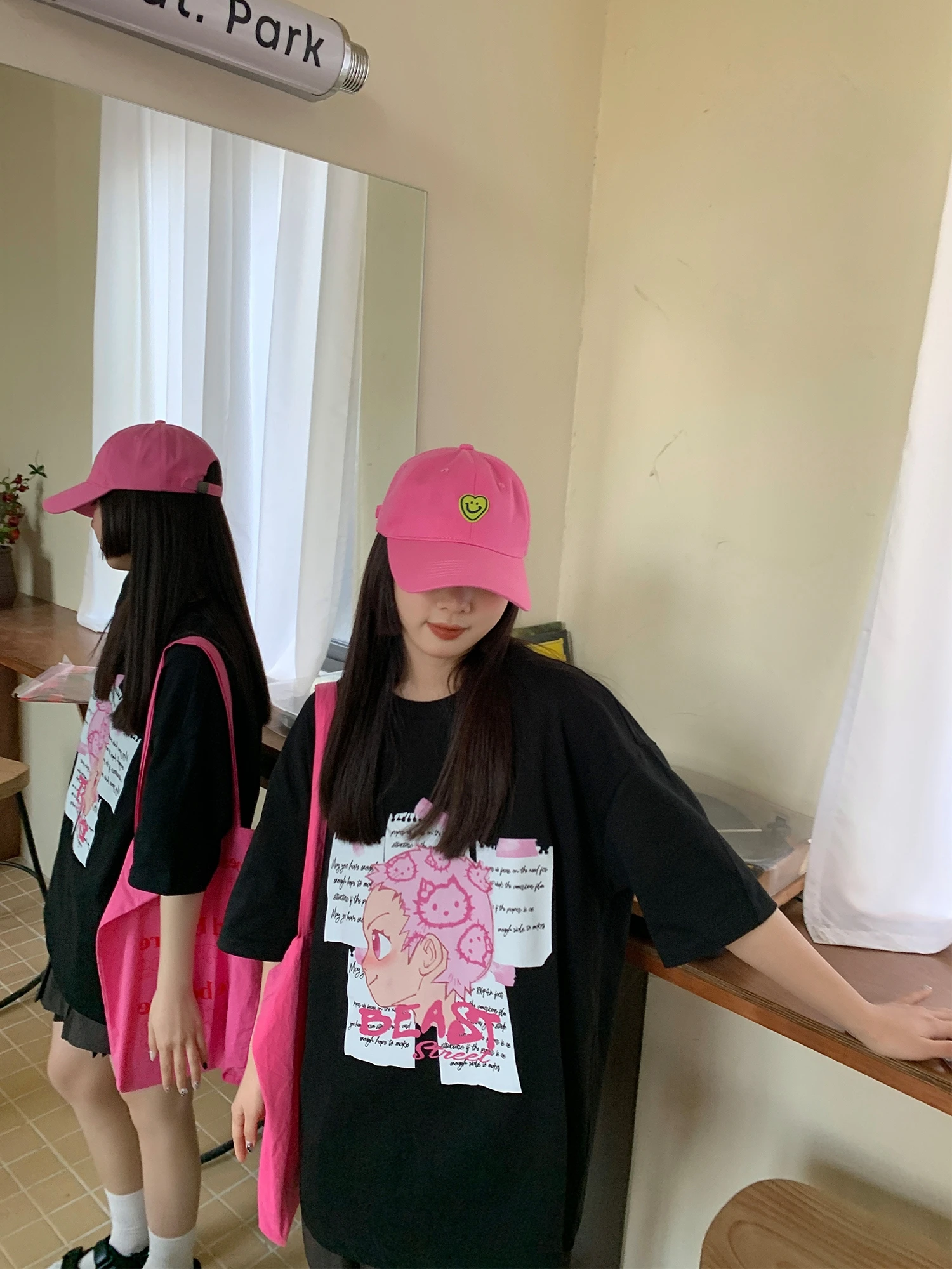 

Cartoon Guochao Black Short-sleeved T-shirt Women's Loose American Summer Design Sense Niche Hip-hop Half-sleeved Top Ins Tide