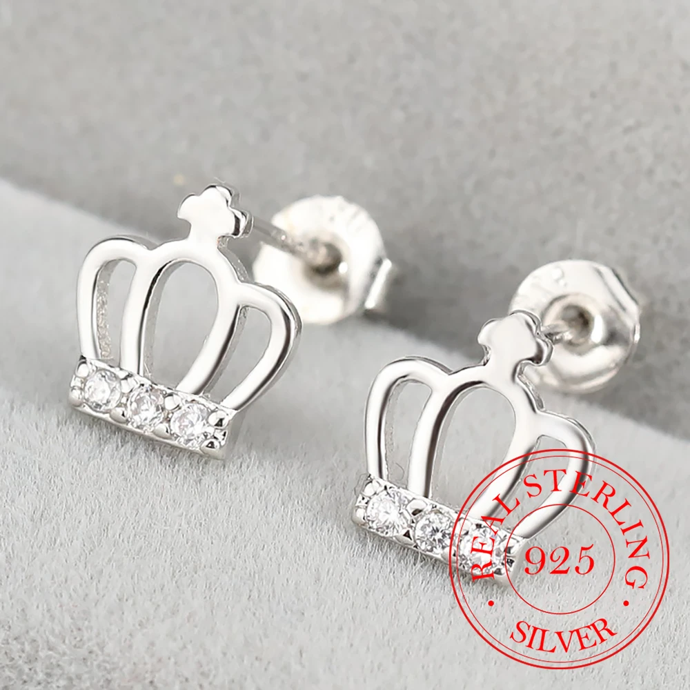 

925 Sterling Silver Jewelry Luxury Crystal Crown Stud Earrings for Women Wedding Party Jewelry for Girls Friend Gift