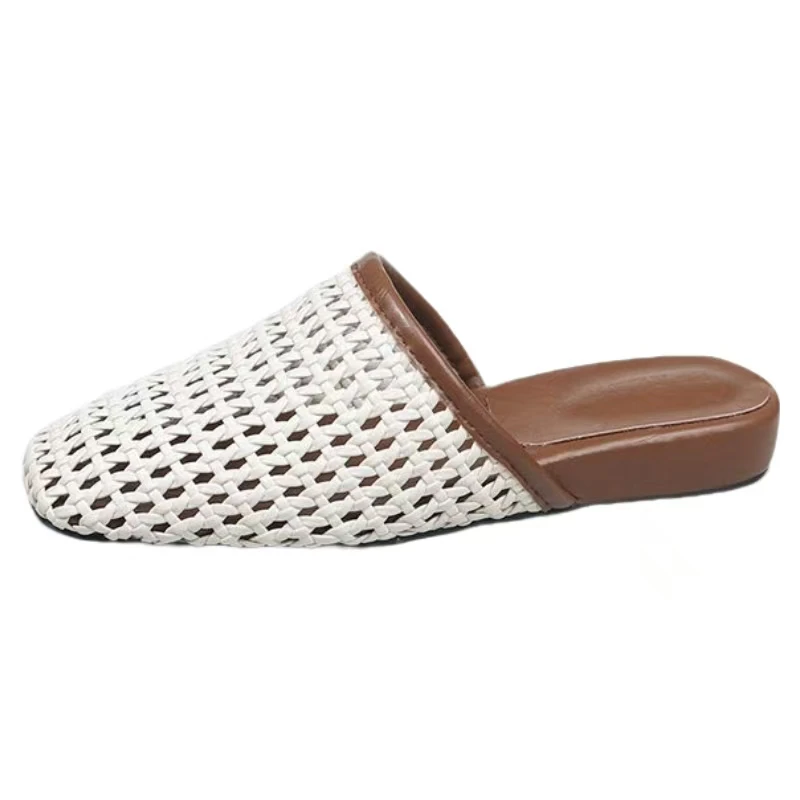 

Women's Flat Sole Baotou Leather Woven Hollow Out Slippers Soft Sole Non Slip Breathable Summer Outdoor Half Slippers Sandals