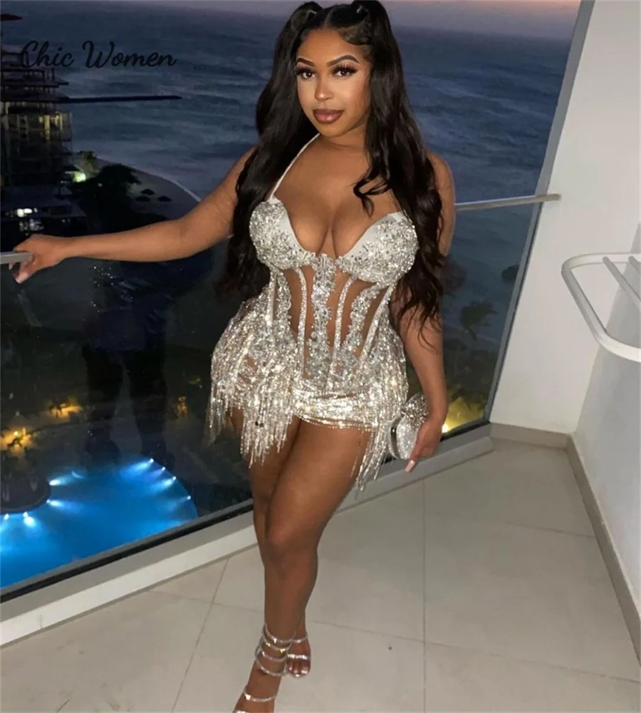 Shine Bling Diamond Prom Dress 2024 Sexy Black Girls Baddie Evening Dress Spaghetti Straps Club Cocktail Party Dress Birthday