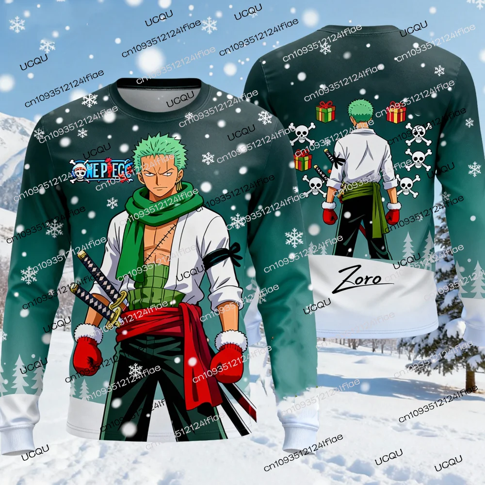 2025年新作 ゾロ クリスマス 大人用 メンズ/レディース 冬用 長袖 スウェットシャツ キッズ ワンピース風 漫画 クルーネック スウェットシャツ ストリートウェア