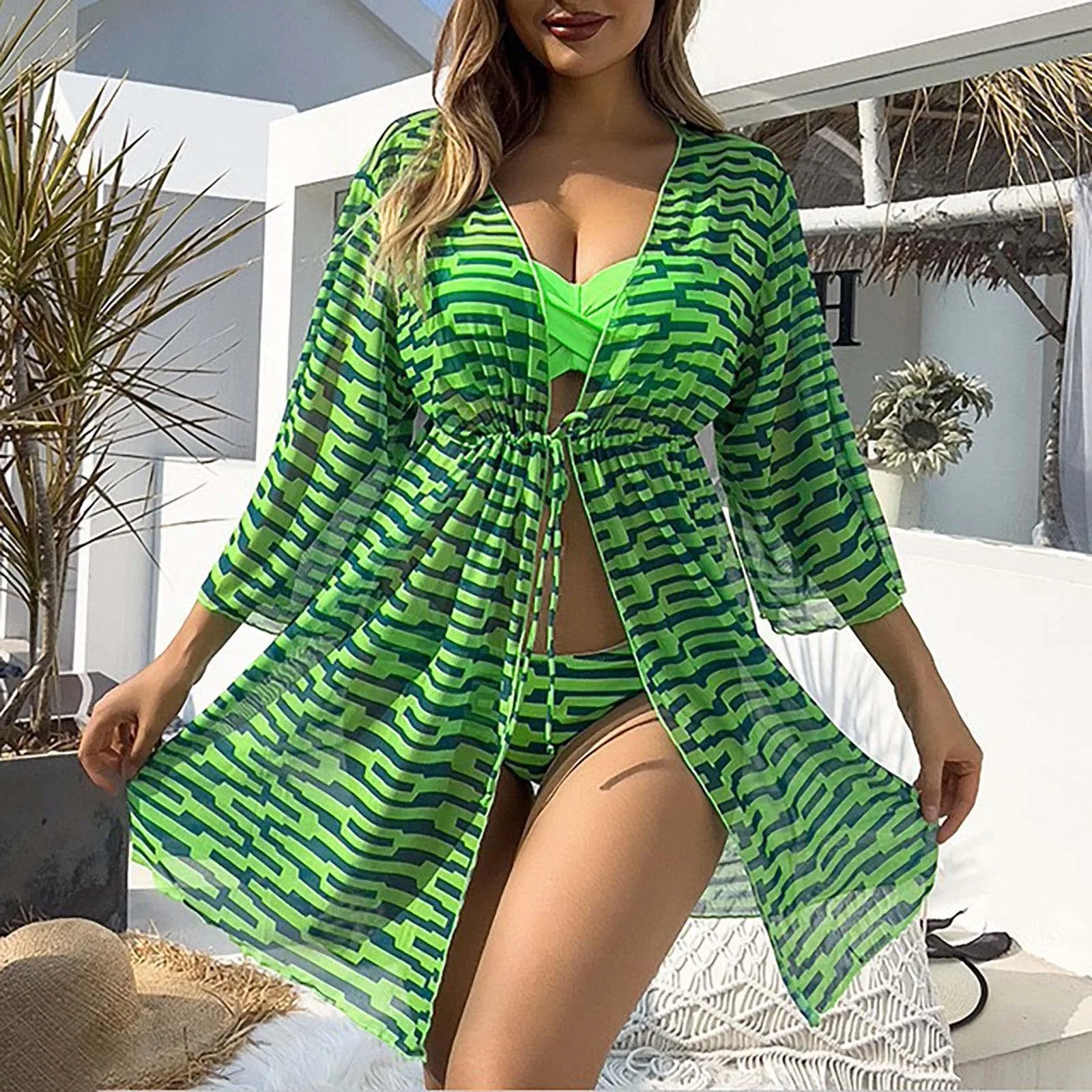 Striped Print High Stretch 3 Piece Set Swimsuits Bathing Suit With Kimono Cover Up Teen Girl Swimming Suit