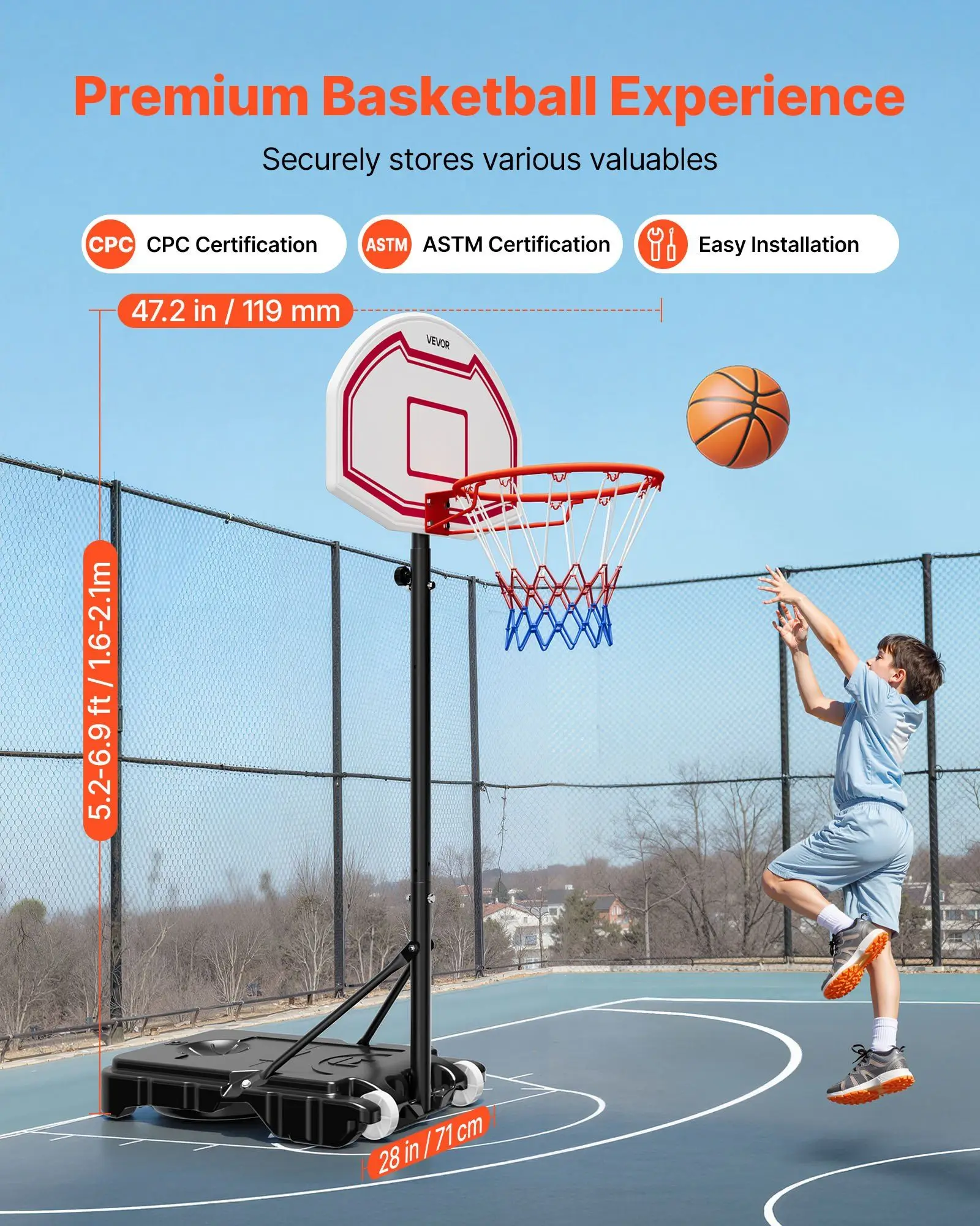 

Portable Basketball Stand, 5.2 to 6.9 ft Height Adjustment Basketball Hoop & Goal, Kids Adjustable Basketballs Hoop with Nylon
