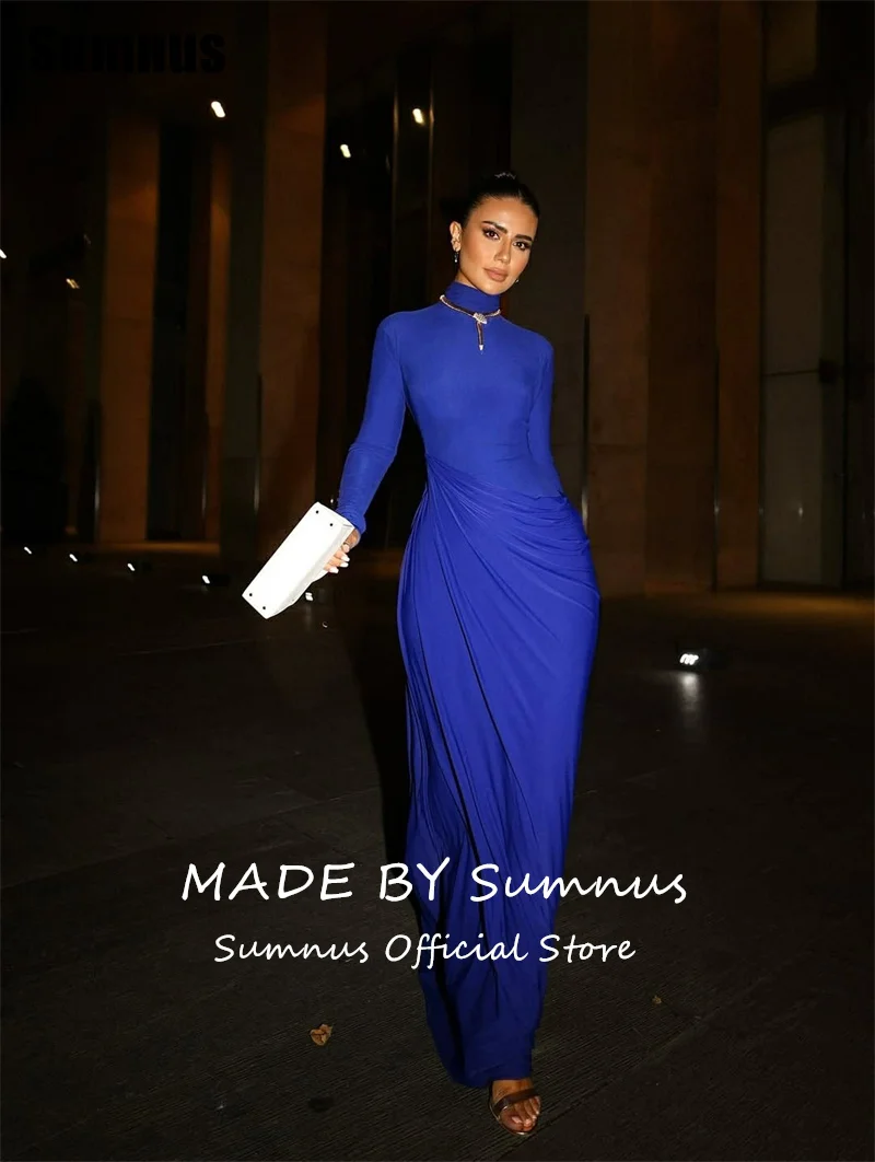 Sumnus – robe de soirée sirène bleu Royal, Simple, col haut, plis, manches longues, robes de bal, personnalisée, 2025