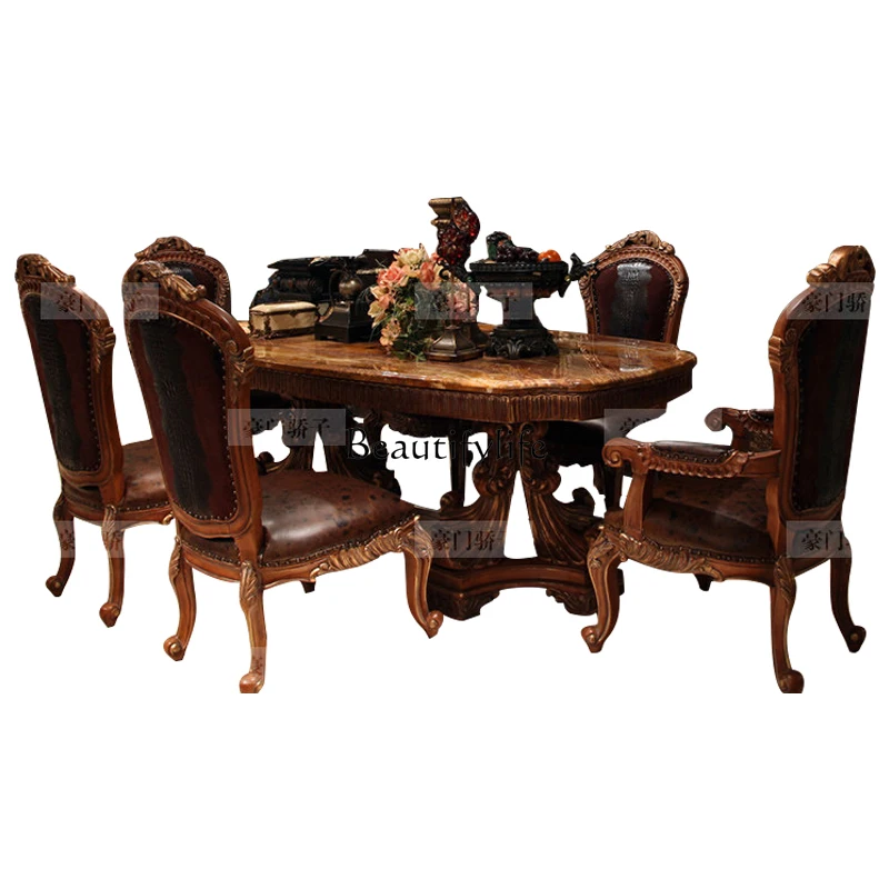 European style solid wood marble dining table, American retro distressed carved luxury custom