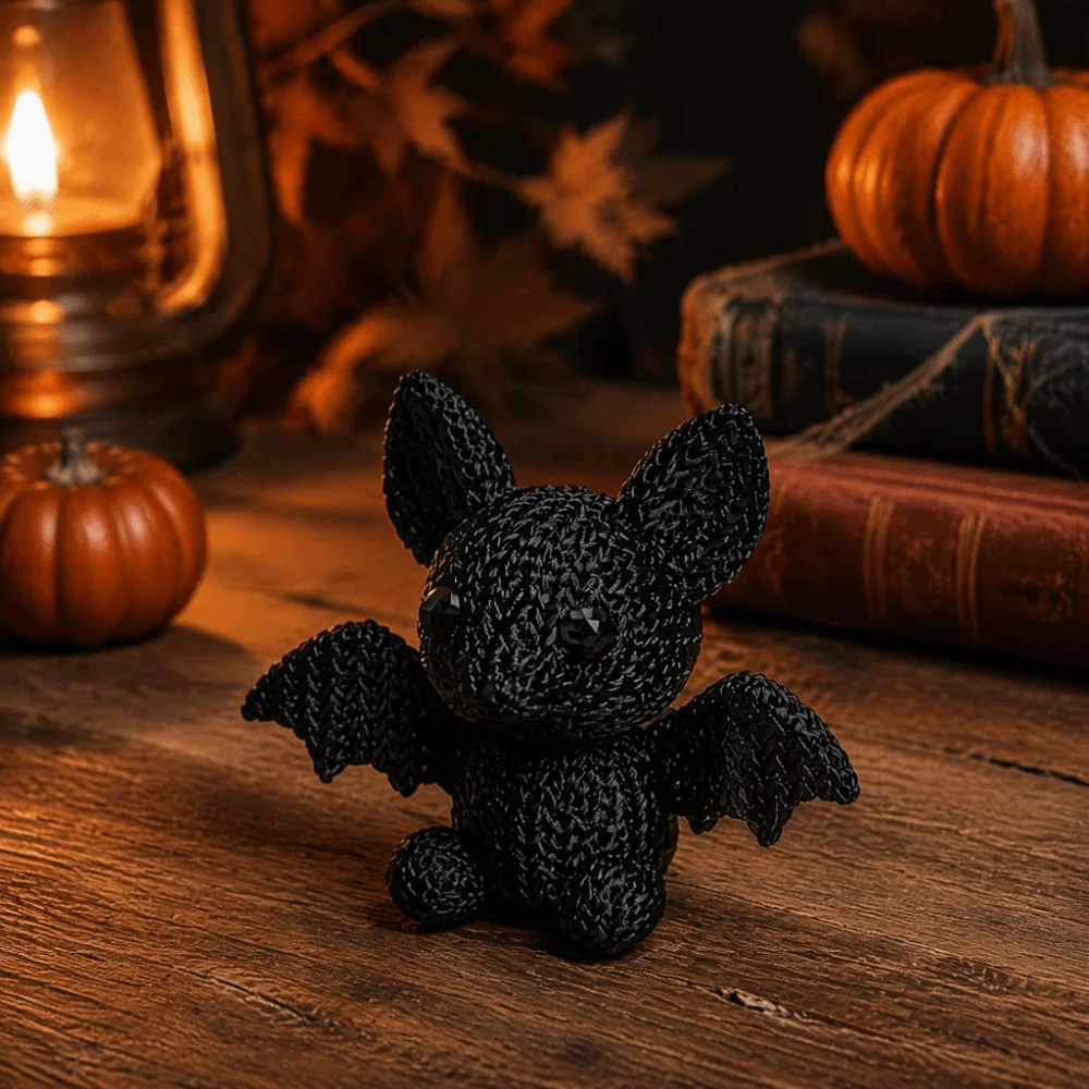 3D Printed Mini Knitted Texture Bat Figurine Crochet-Style Faux-Knitted Halloween Bat Sculpture Plastic Gothic