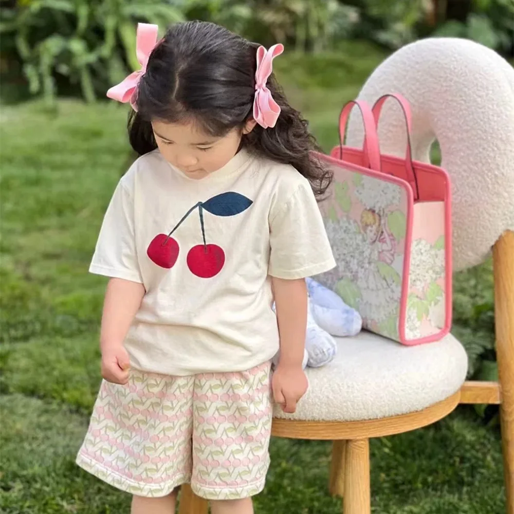 

Летняя детская одежда для девочек, детские топы, хлопковая повседневная одежда, футболка с короткими рукавами и большим принтом в виде вишни