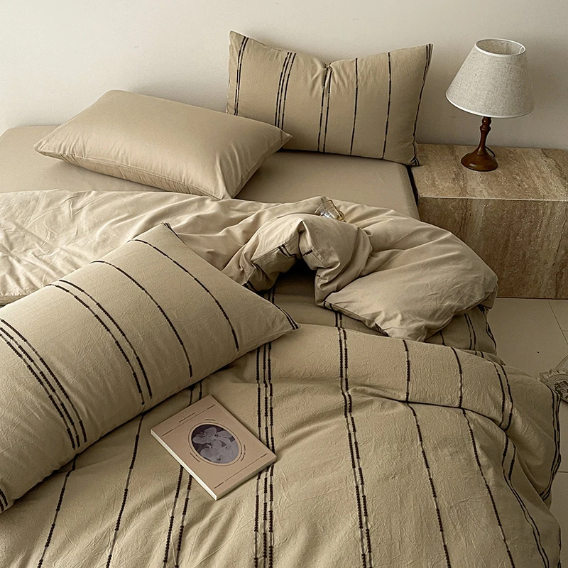 4Pcs Soft Pure Cotton Yarn dyed Stripe Coffee Comfortable Bedding Set Twin Double Duvet Coves Set Bed Fitted Sheet Pillowcases