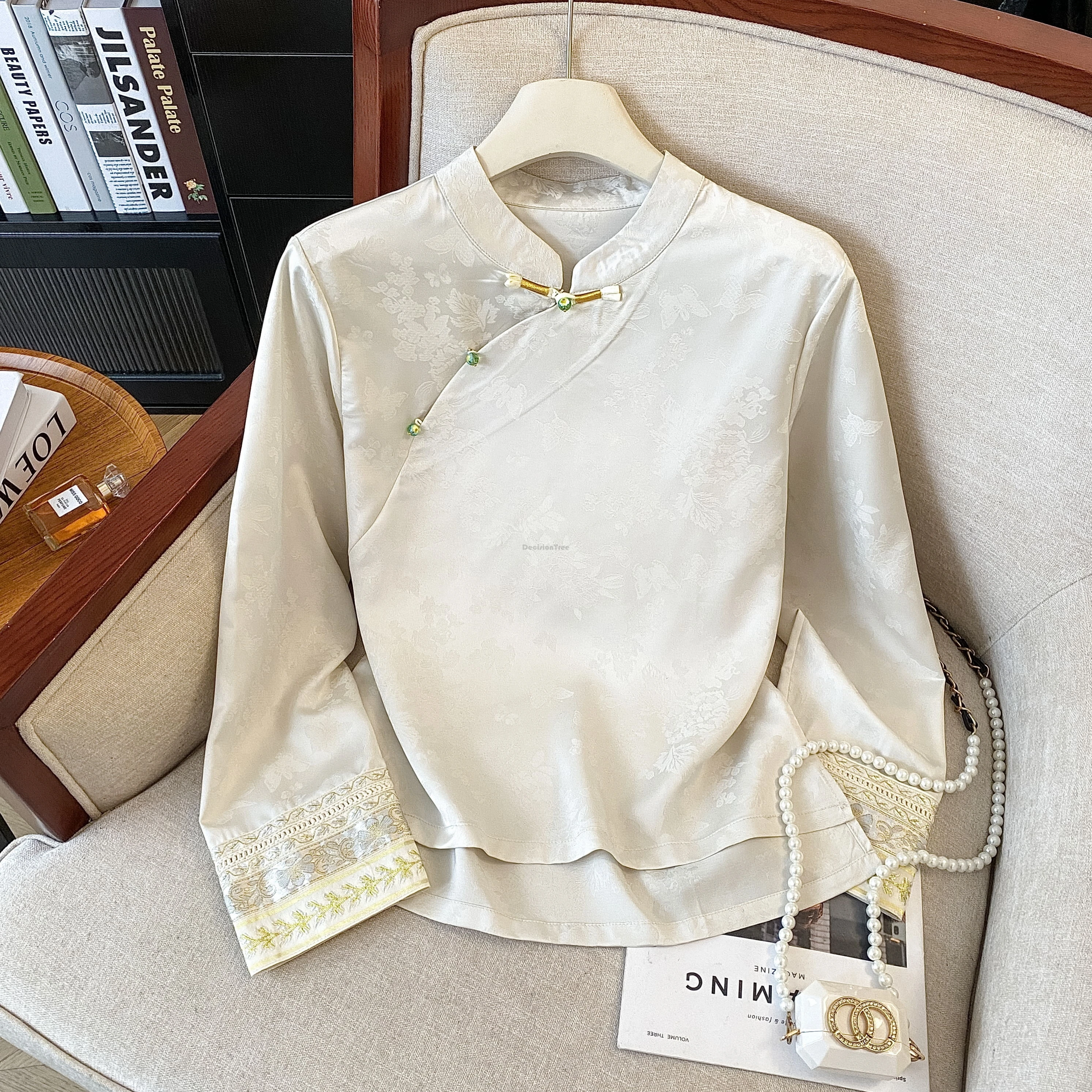 

2025 new chinese style tang suit zen tea blouse for women spring jacquard long sleeve stand collar embroidery cheongsam shirt t1