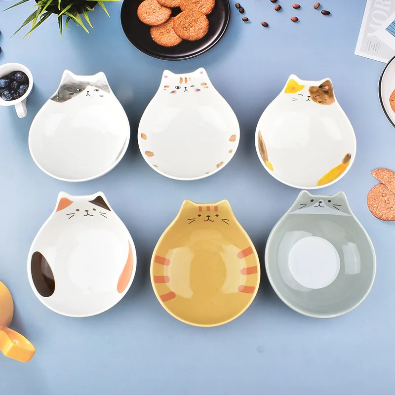 Japanese Cartoon Ceramic Cat Face Salad Bowl Cat Shape Dessert Rice Bowl Children's Tableware Home Kitchen Supplies Dinnerware