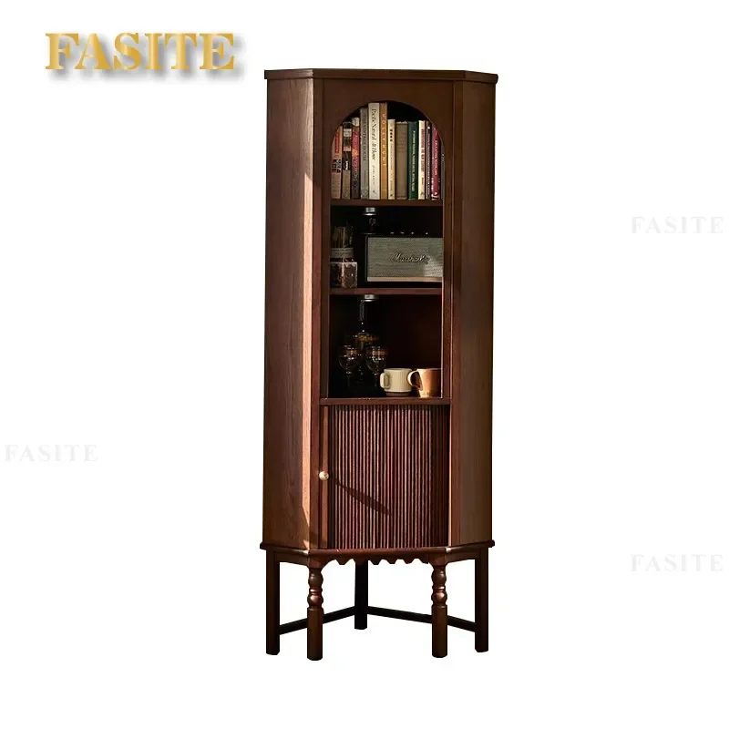French Retro Solid Wood Corner Cabinet Medieval Triangular Sideboard for Living Room Dining Room Space Saving Wall Integrated