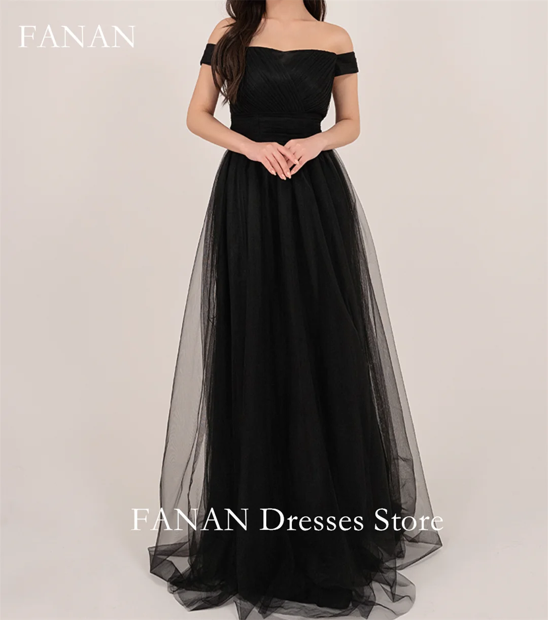 Fanan Korea Off Shoulder Simple Evening Dresses 웨딩드레스  Tulle Simple Black Custom Made A-Line Prom Gowns Plus Size