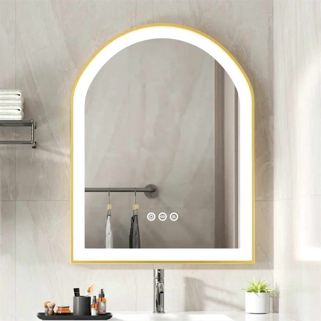 Gold LED Bathroom Mirror Large Wall Mounted Vanity Mirror 3 Colors Anti-Fog Dimmable Front Light Aluminum Frame 36x24