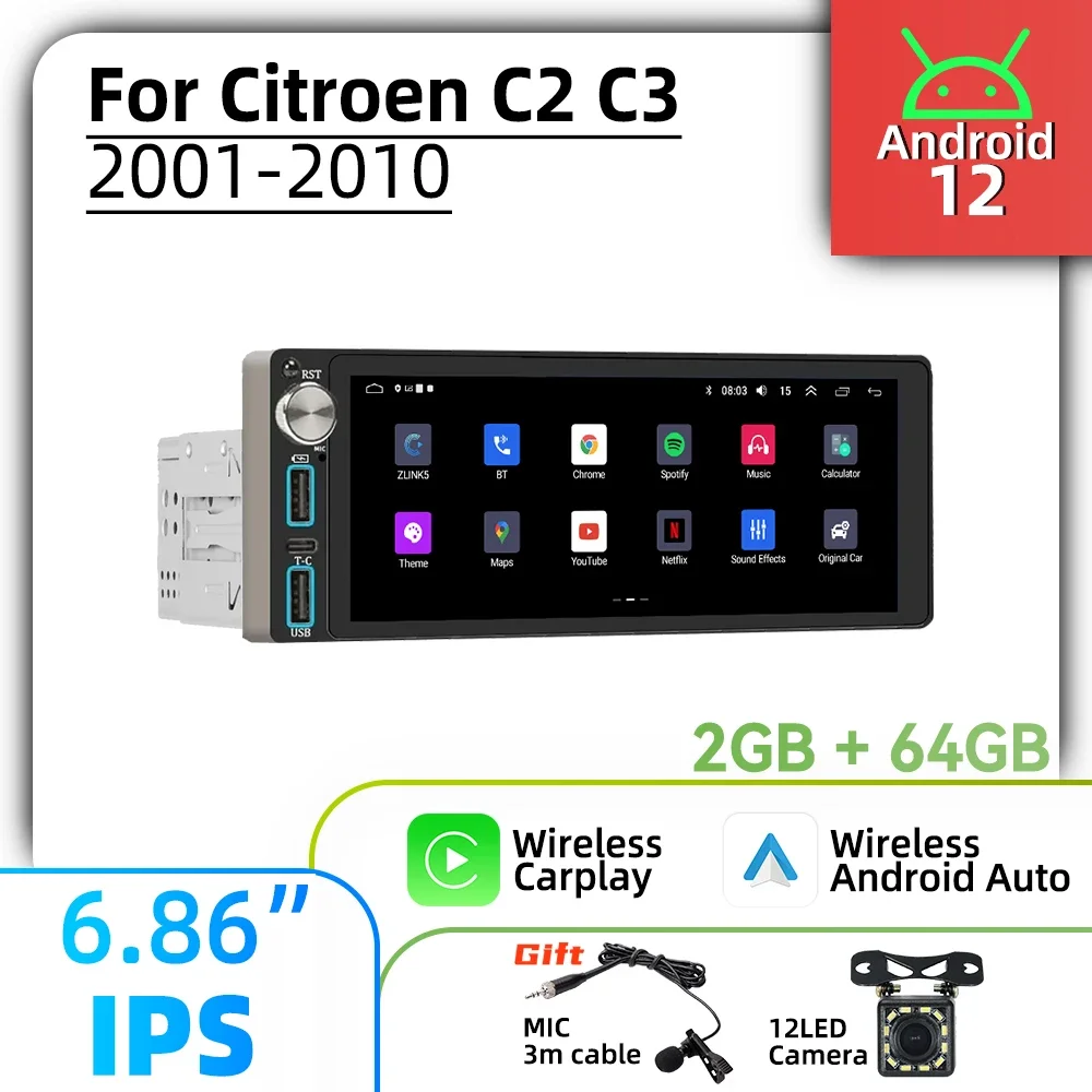 

Carplay 6.86" Screen Multimedia 1 Din Android Car Radio for Citroen C2 C3 2001-2010 Head Unit Autoradio Stereo GPS Navigation