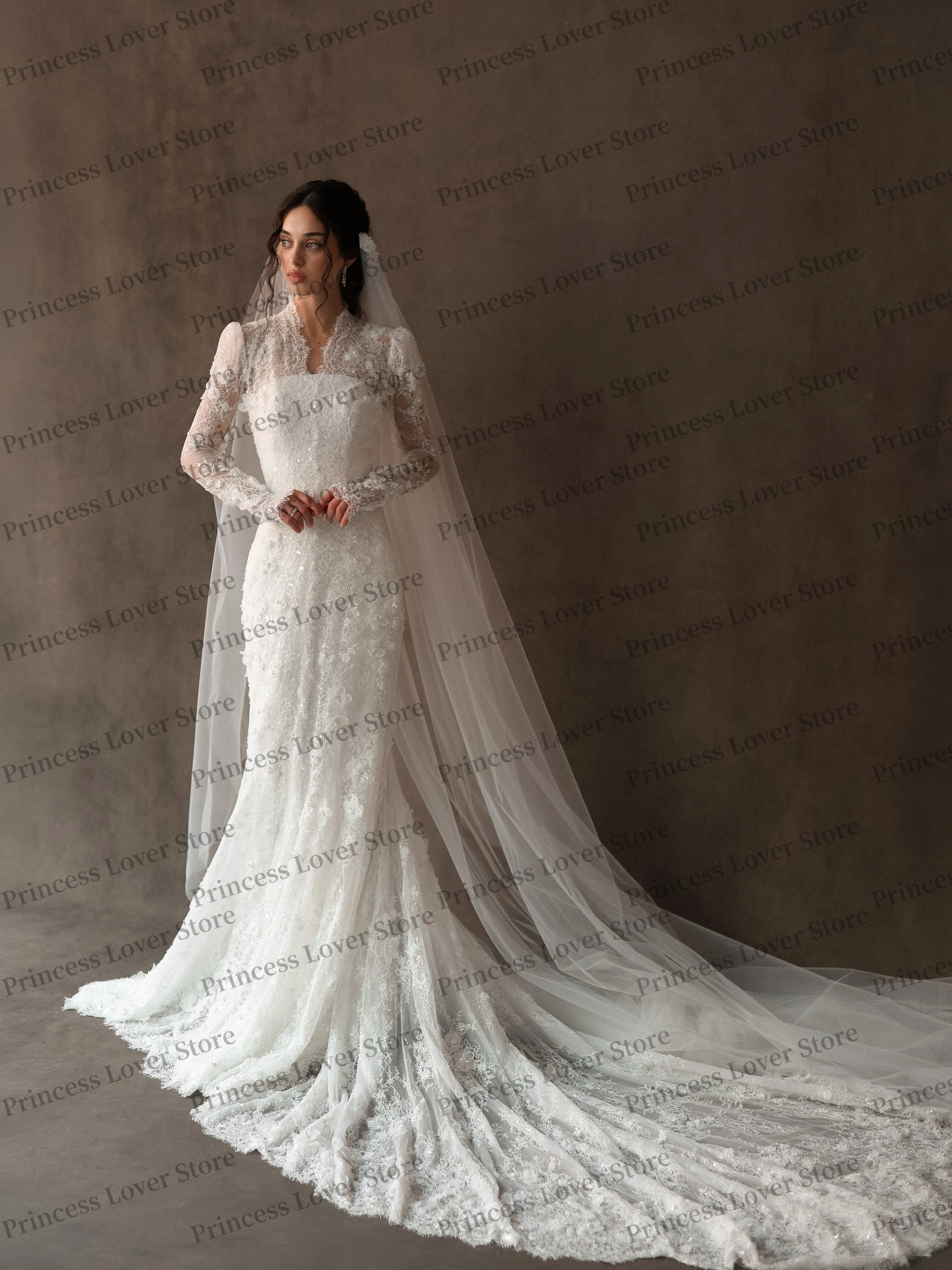 Exquisite Mermaid Wedding Dresses Lace Sequined Beading Long Sleeves Bridal Gown 3D Flowers Luxury Party Dress Customized