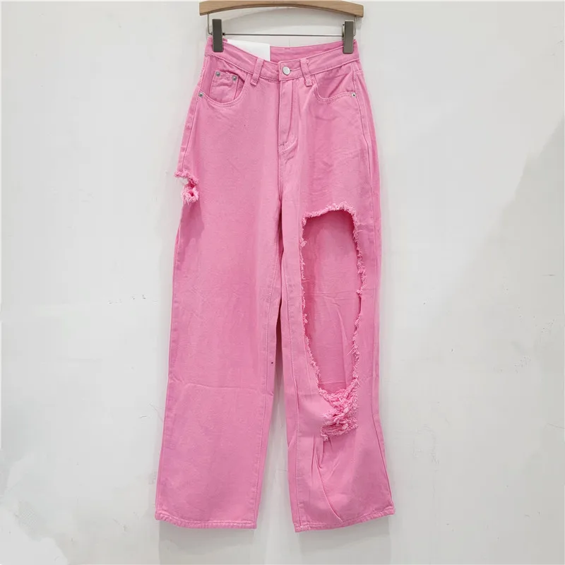 Déchiré Style de Rue pour Femme, Baggy Taille Haute, Droit, Délavé, Style Rétro, Nouvelle Collection Été 2024