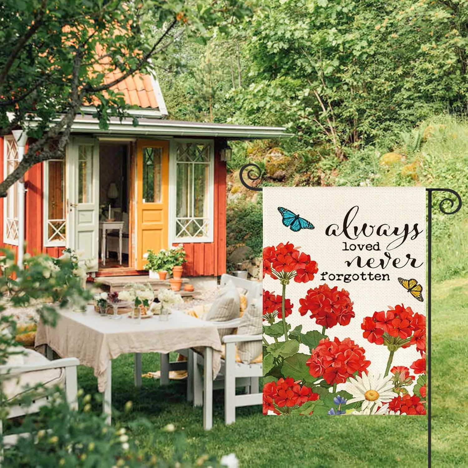 AVOIN colorlife Always Loved Never Forgotten Memorial Garden Flag 12x18 Inch Double Sided Outside, Geranium Yard Outdoor Dec PPZ